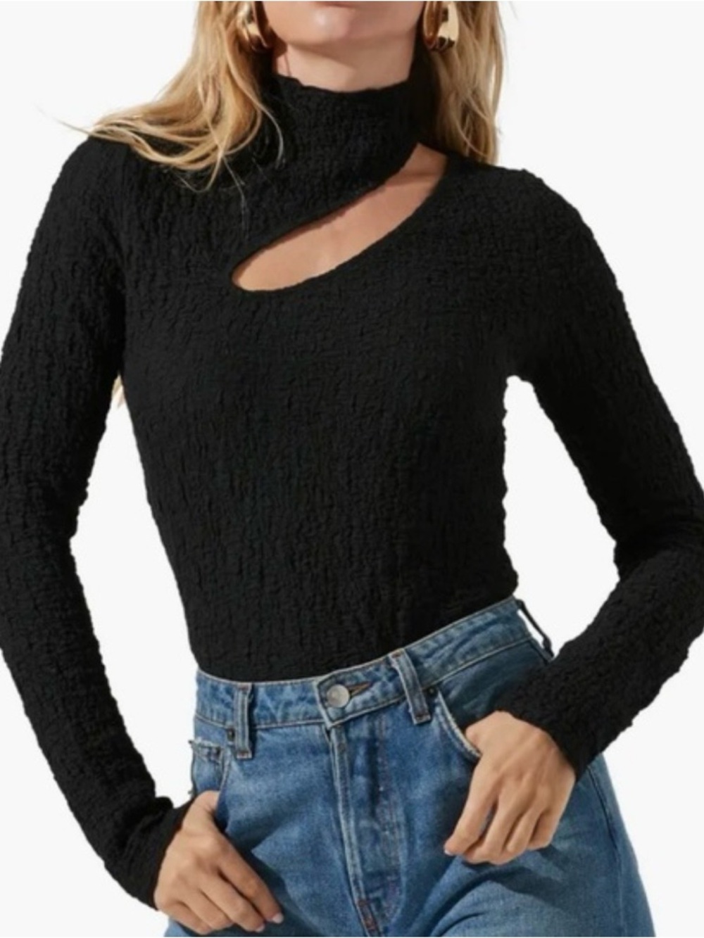 Black Textured Cutout Long Sleeve Top